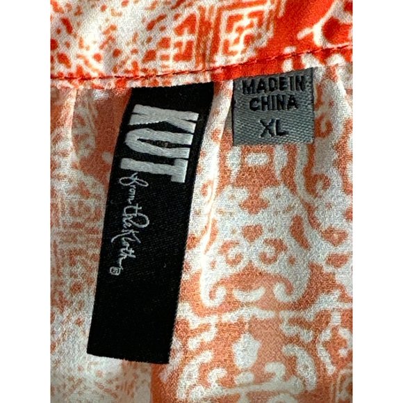 Kut From the Kloth sz XL orange block print tie hemline 3/4 sleeve semisheer top - Picture 4 of 7